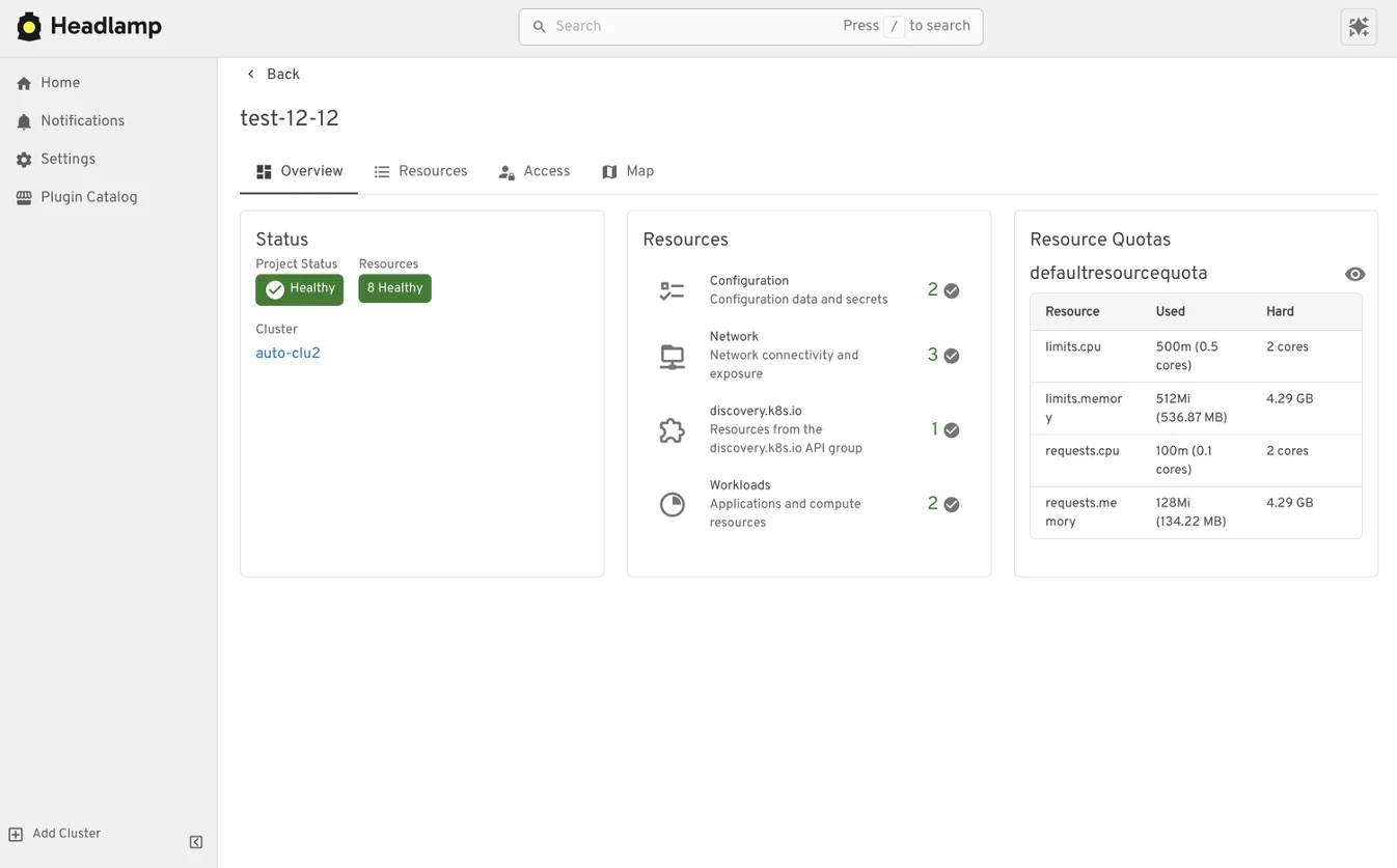 Application Projects view in Headlamp grouping related Kubernetes resources